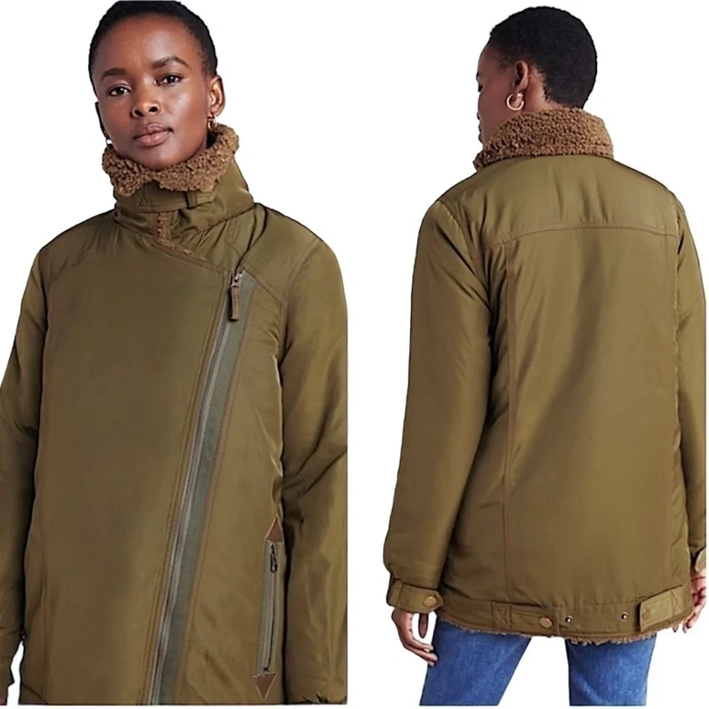 ANTHROPOLOGIE Joni Oversized Sherpa Lined Longline Moto Aviator Jacket LIKE NEW